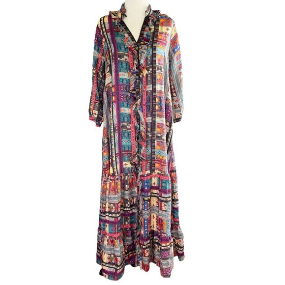 NEW Johnny Was Beatrice Cherie Silk Dress Small Tiered Ruffle Trim Mixed Pattern - Picture 1 of 7